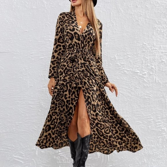 . Dresses & Skirts - Leopard Print Self Belted Wrap maxi Dress